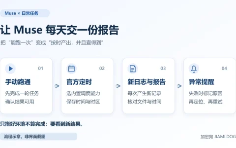 Muse 每日报告四步流程示意：先手动跑通，再使用官方定时功能，核对每次的新日志与报告，失败时记录原因并提醒。