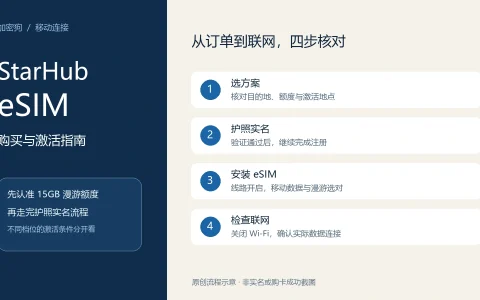 StarHub eSIM 从选方案、护照实名、安装到检查联网的四步原创流程图